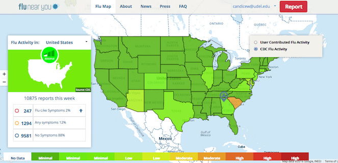 Screenshot of aggregate flu activity collected by CDC in the continental US. Green indicates areas of low flu activity, yellow indicates moderate levels, and red indicates high levels.