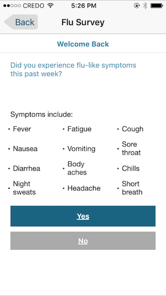 Screenshot of FNY's weekly Health Report on their mobile app. Participants can indicate whether they experienced any of the symptoms listed (such as fever, sore throat, and/or cough).