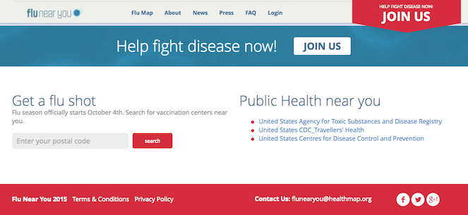 Screenshot of the portion of FNY's website that lets viewers enter their zip code and find flu shot providers near them.