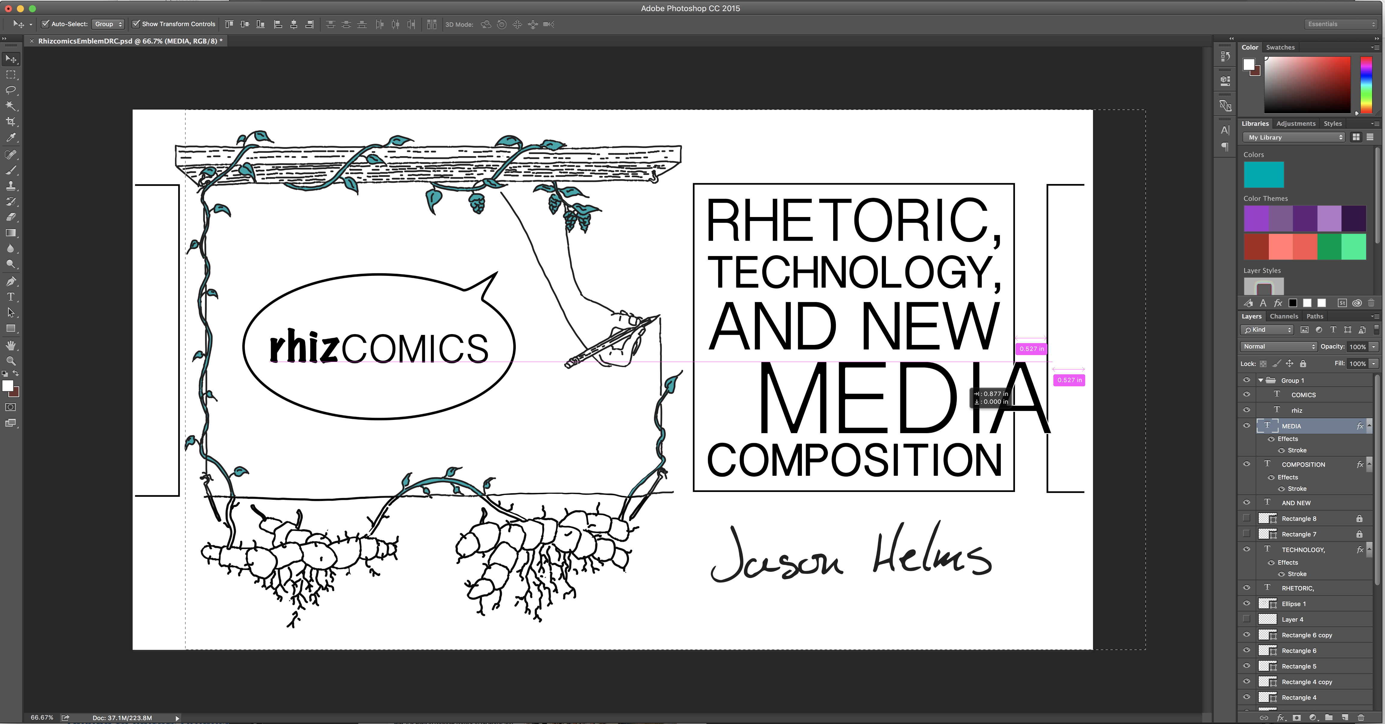 Adobe Photoshop editing workspace showing a hand-drawn trellis, vines, roots, and the author Jason Helms' name, and the typed title Rhizcomics: Rhetoric, Technology, and New Media Composition
