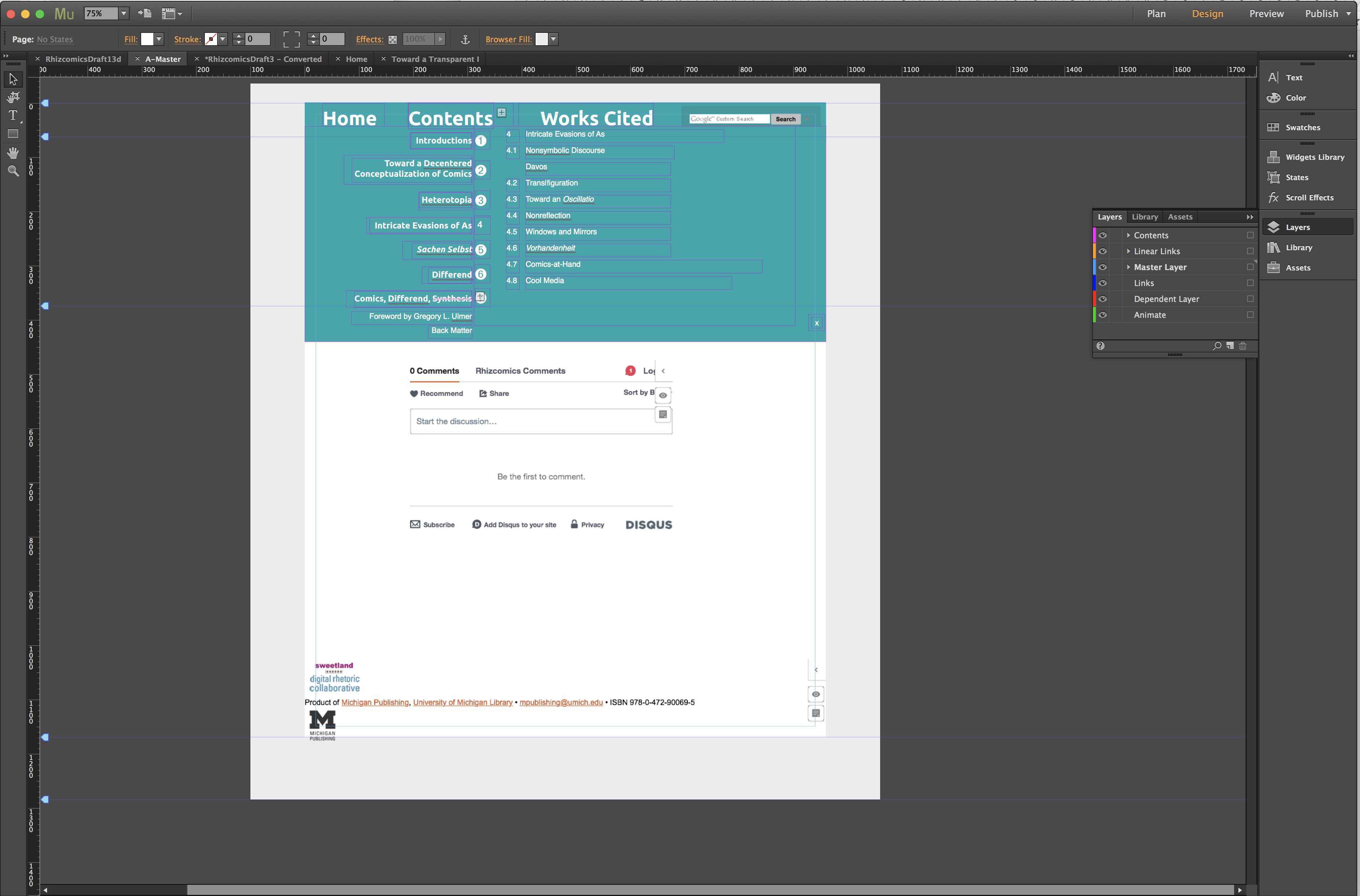 Adobe Muse workspace displaying a horizontal navigation bar at the top with Home, Contents, and Works Cited links, with a menu of links below