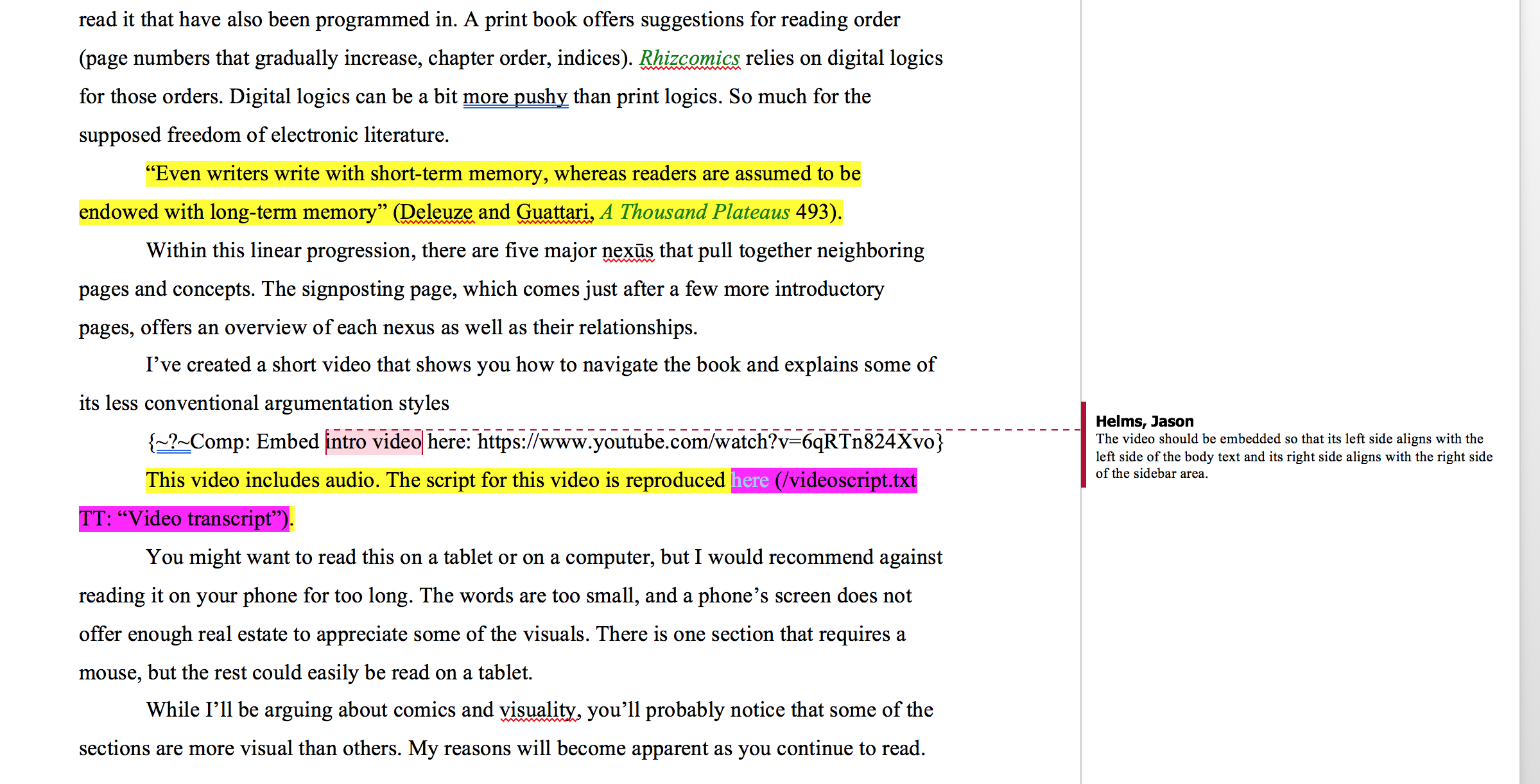 Part of a Word document with different sections of sentences highlighted in yellow and fuchsia and an inserted comment about embedded video