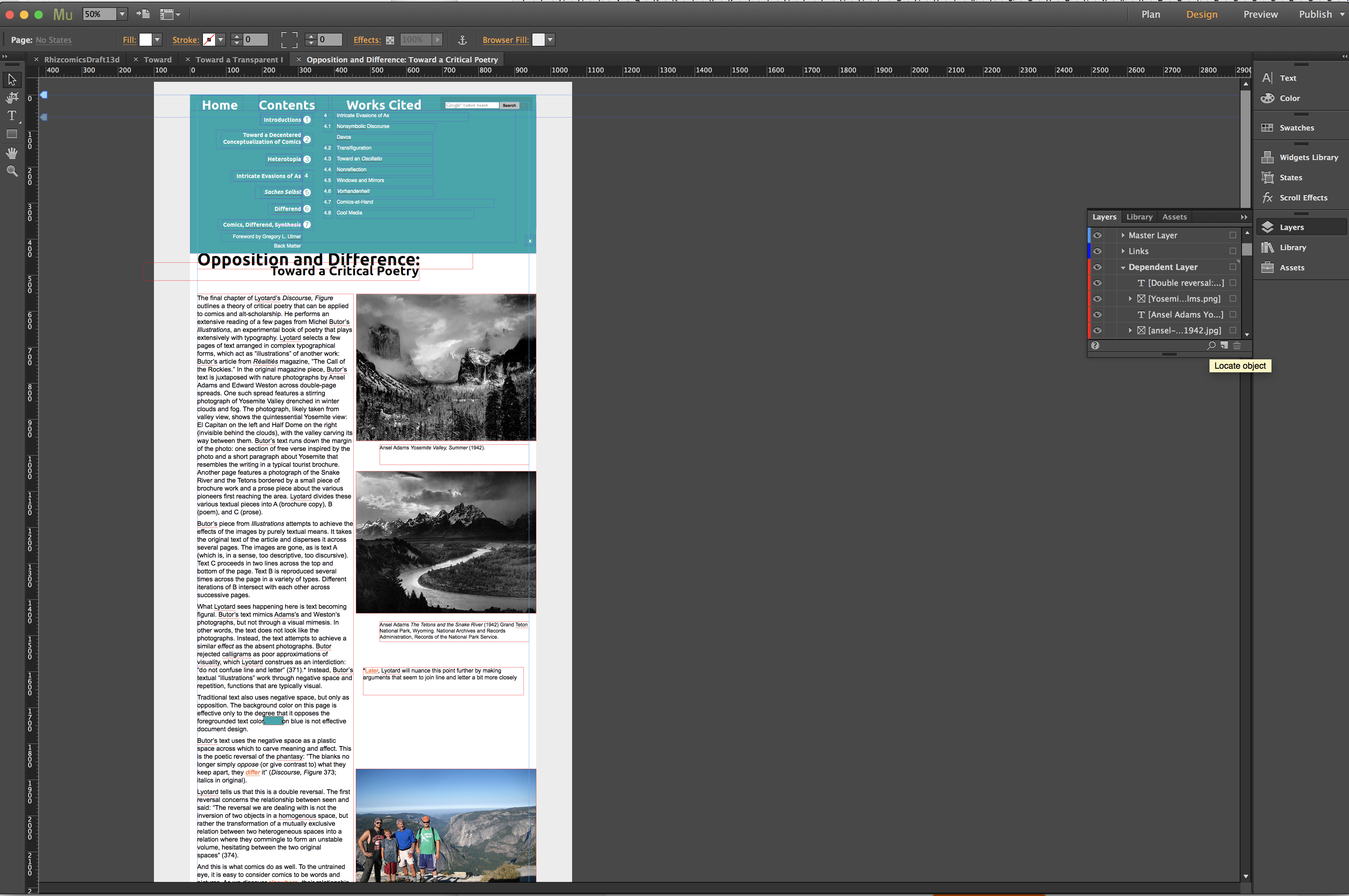Adobe Muse workspace displaying a horizontal navigation bar at the top with Home, Contents, and Works Cited links, with a menu of links below, and under those, a heading that says Opposition and Difference, with text and images of mountains and canyons below that