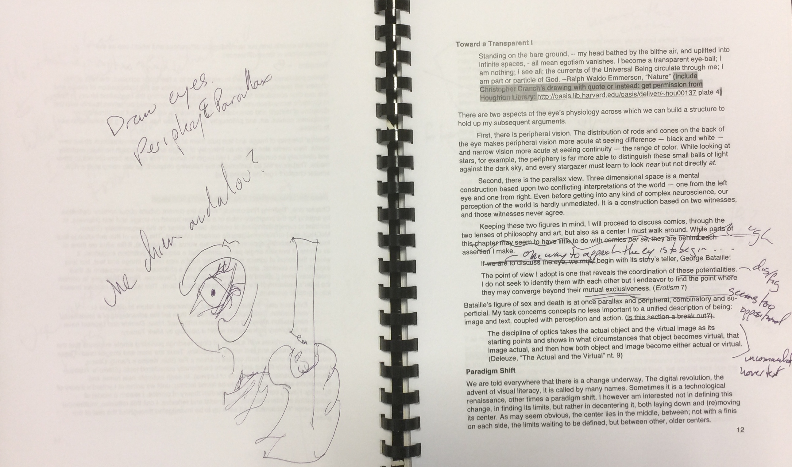 The bound draft, showing sketches on the blank left page and typed printed text on the right page