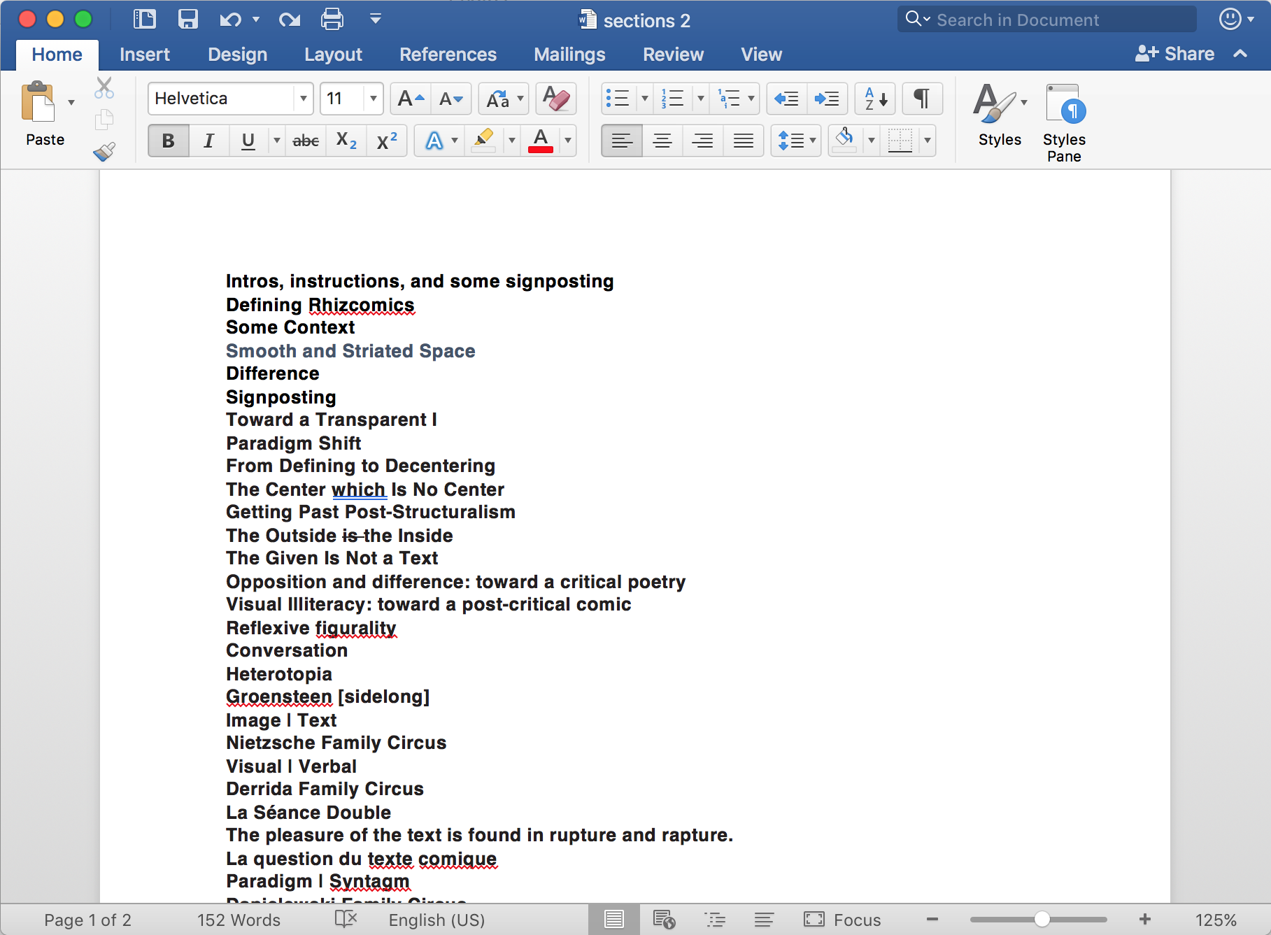 Microsoft Word document titled sections two, with a long list of names of sections in the project