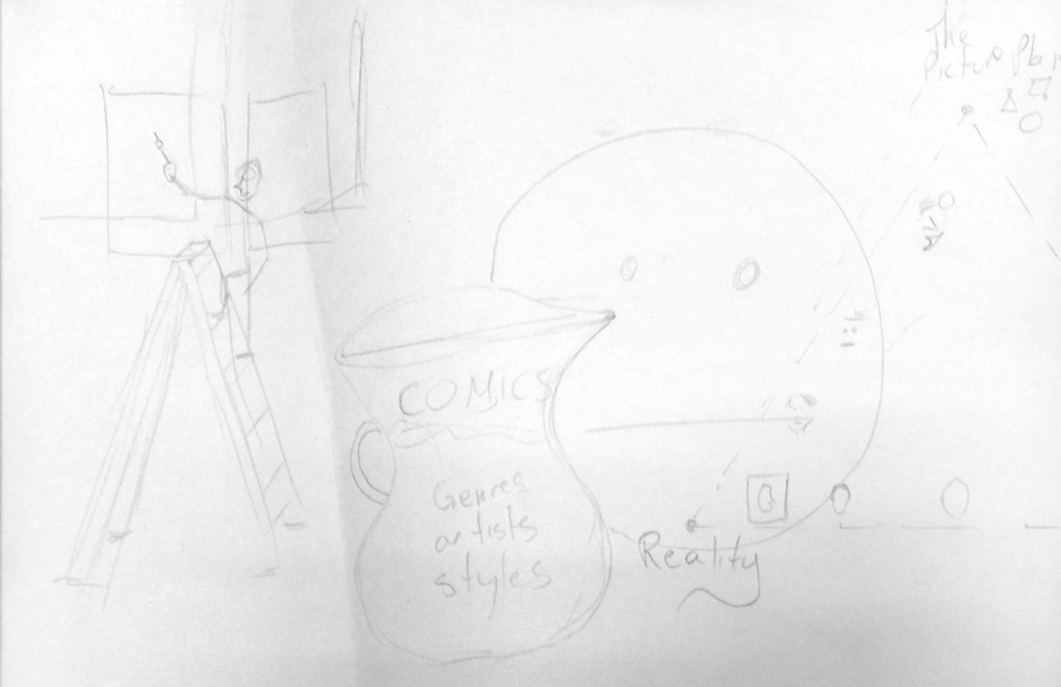 An early sketch for the Deleuze Plane image, with a larger pitcher and emoji face behind it