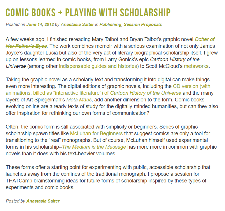 screenshot of Comic Books + Playing with Scholarship THATCamp Session Proposal