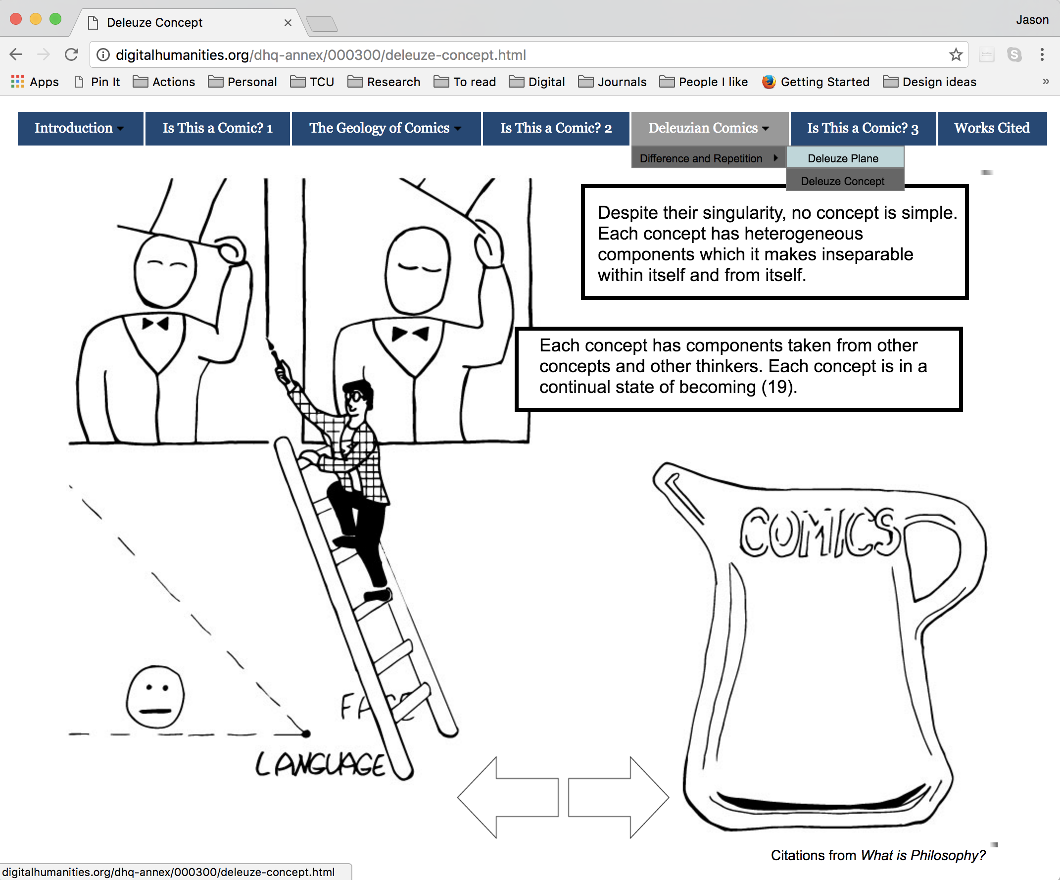 A screenshot from Jason's completed comic, a page called Deleuze Plane that includes an image of Scott McCloud and a pitcher labeled Comics