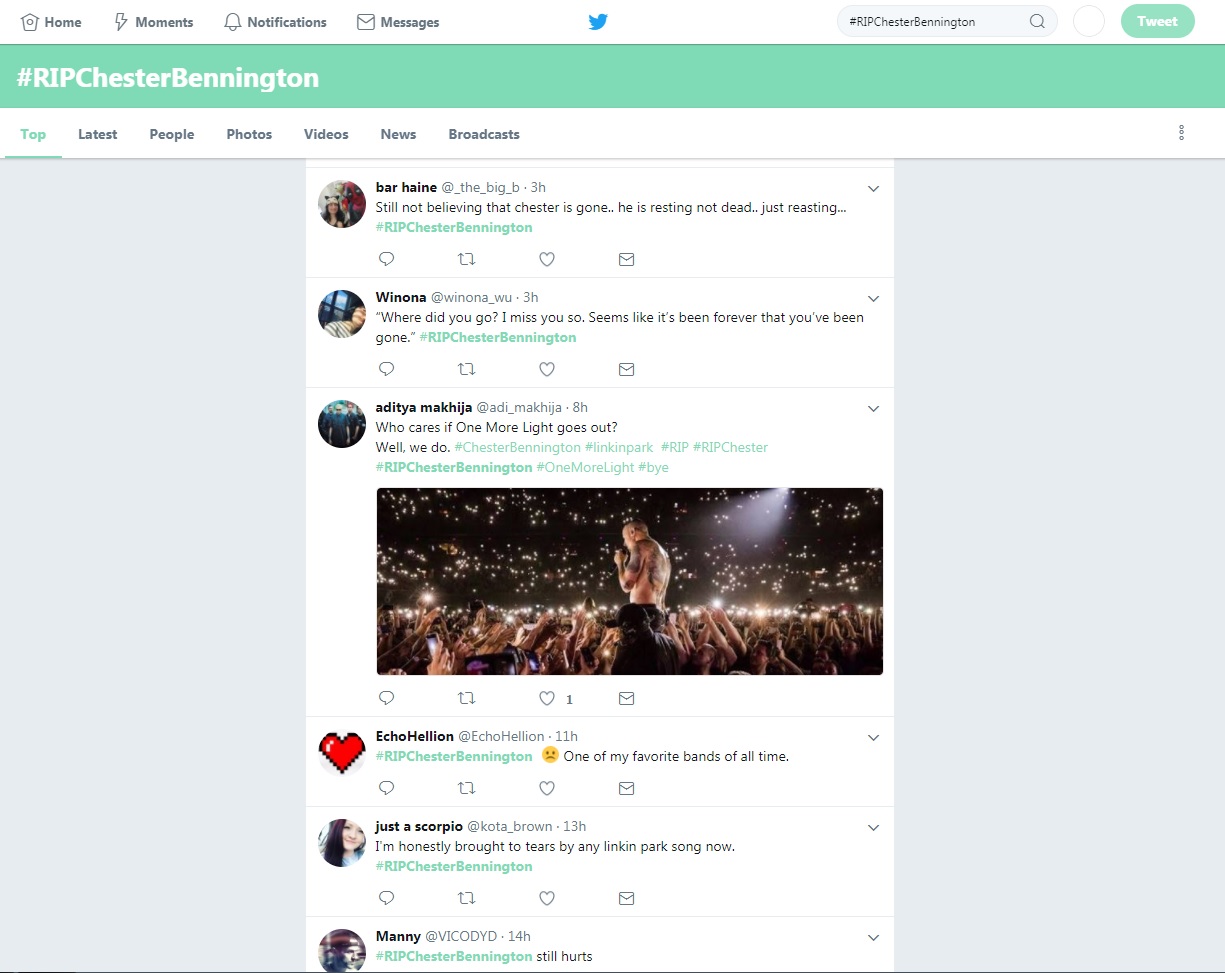Screenshot of #RIPCHESTERBennington on Twitter