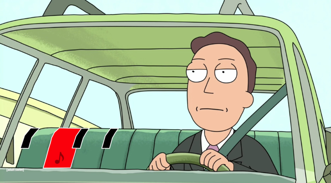 Jerry drives his car while human music plays on the radio, which is represented by a piano keyboard on his car seat