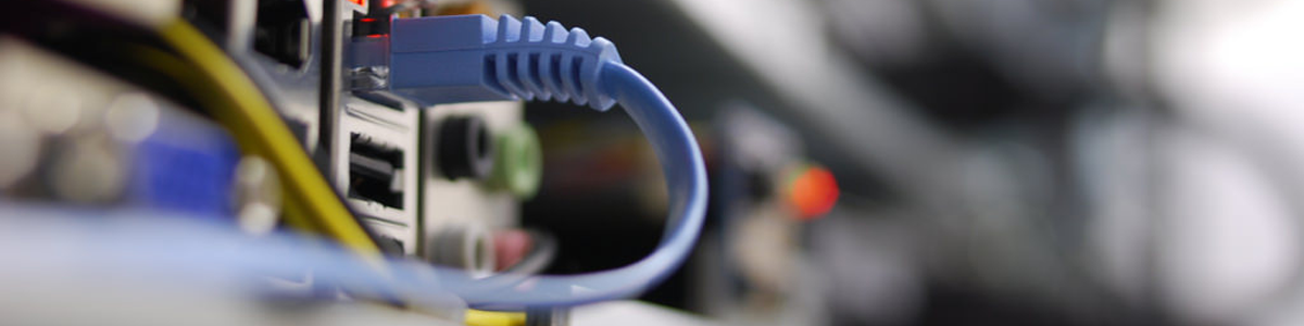 A blue ethernet
              cable is connected to the rear port of a computer,
              enabling information to flow to and from the tool.