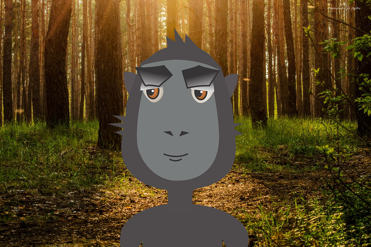 Cartoon grey monkey in a forest