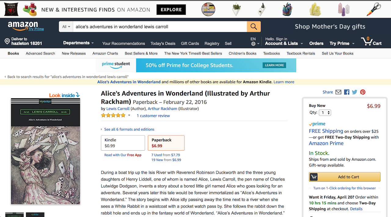an Amazon purchase page for Alice's Adventures in Wonderland