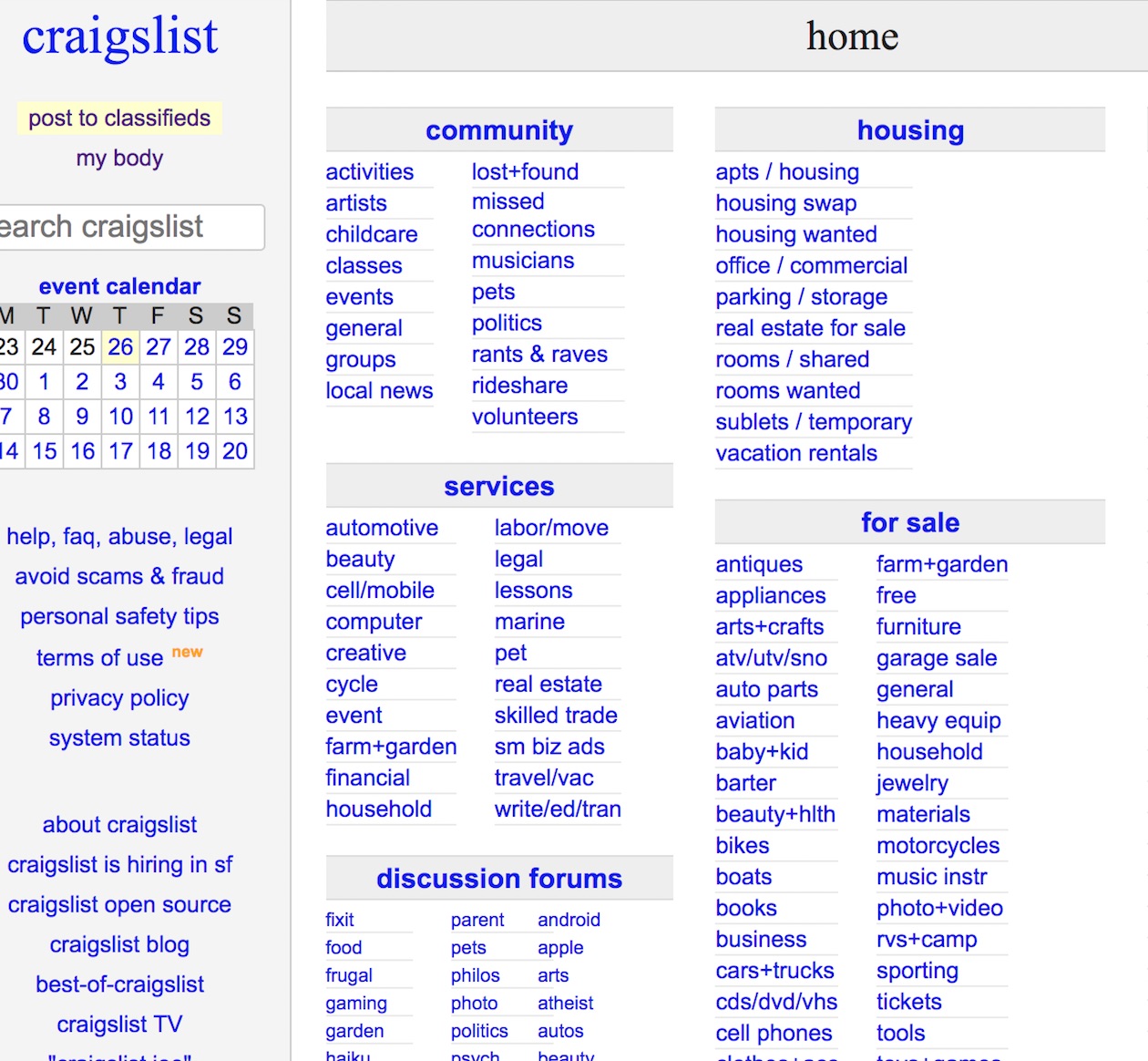 homepage of craigslist