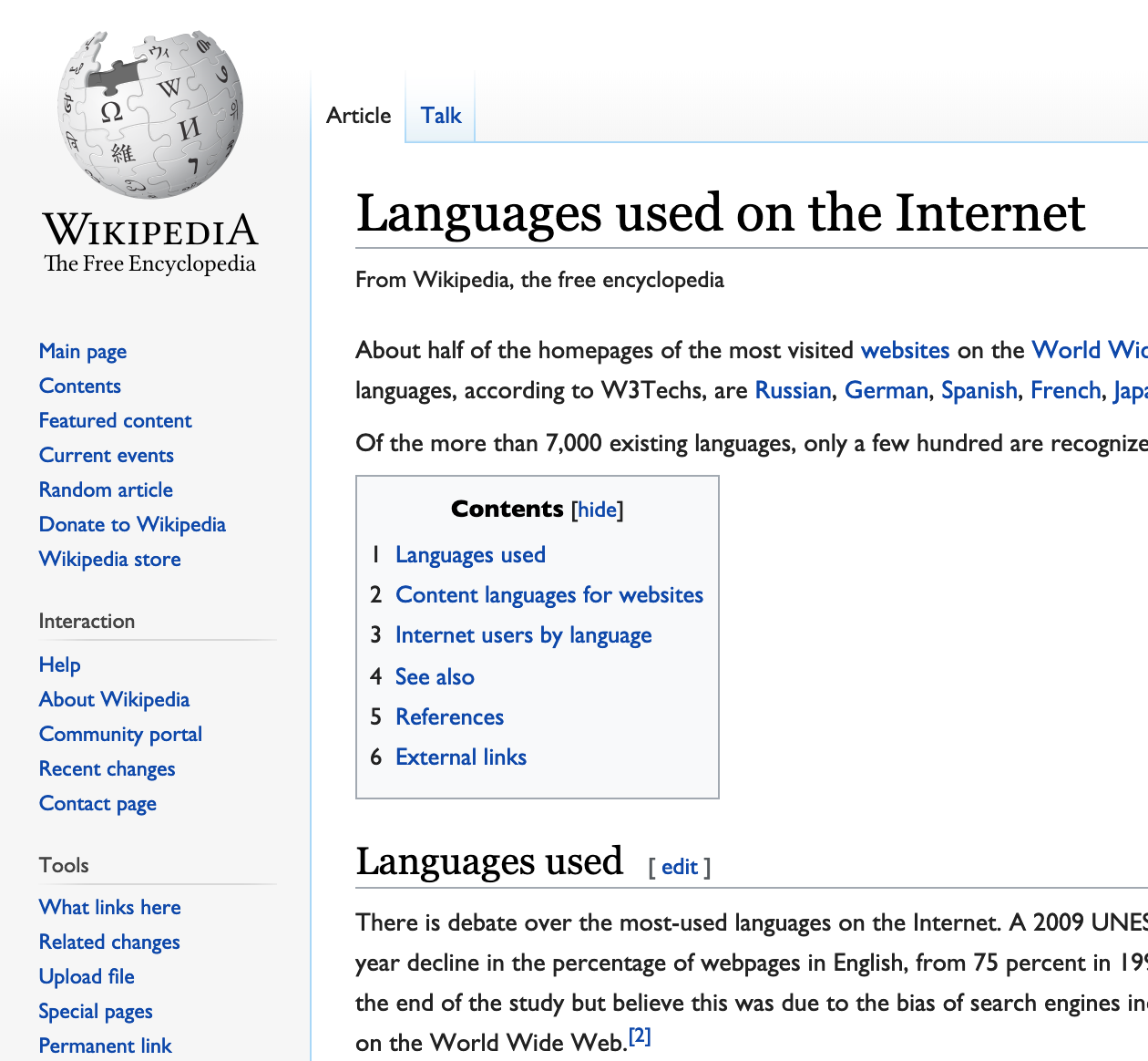 screenshot of wikipedia page for the entry languages of the internet