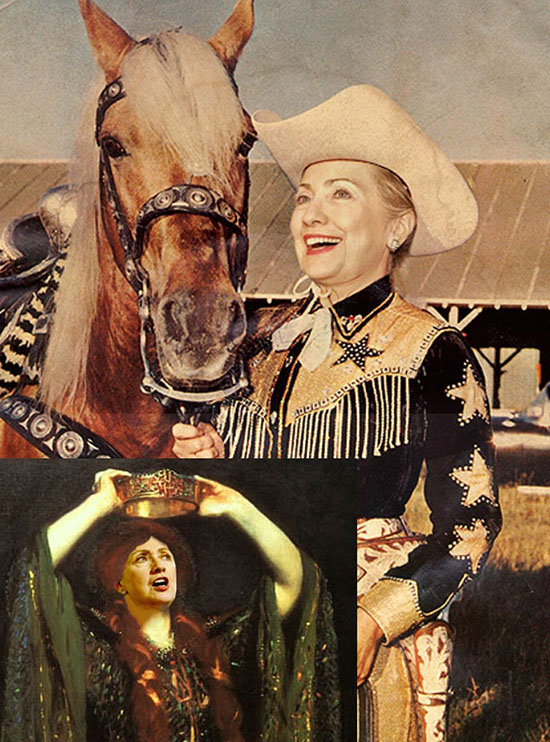 Hillary Clinton in cowboy outfit next to horse; links to Dana's post on Hillary Clinton and Beyond website