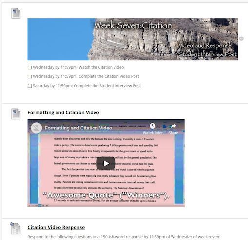 screenshot showing 3 modules. Top: Week seven schedule. Middle: an embeded Formatting and Citation Video. Bottom: Link to Citation Video Response