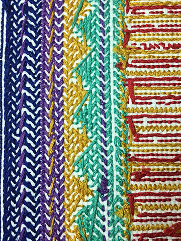 The reverse side of a multi-colored cross-stitch pattern