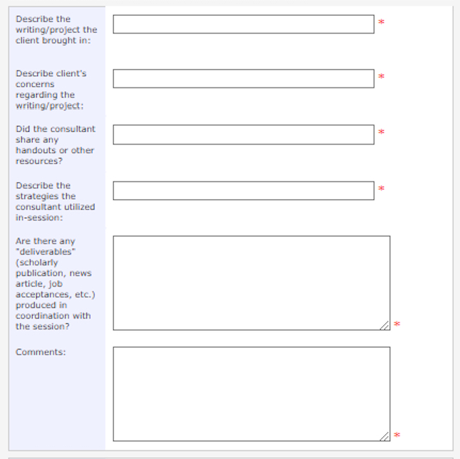 screenshot of OSU's writing center client form with text boxes for assignment, concerns, resources, strategies and comments