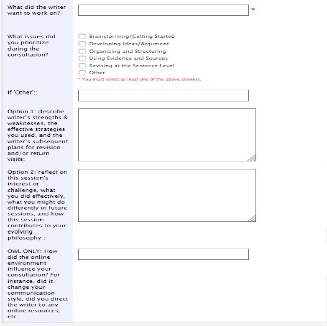 screenshot of Michigan's writing center client form with questions about assignment, prioritized issues, and reflection