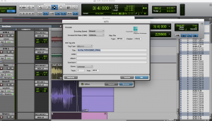 Screenshot of ProTools showing the process of Bouncing a track to an audio file