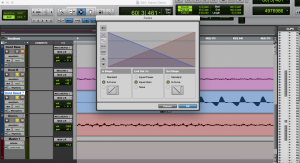 Screenshot of ProTools displaying the tools for implementing a crossfade.