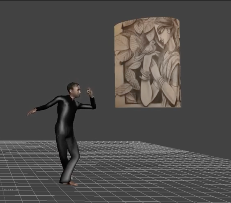 digital rendering of male avatar dancing on grid with drawing of woman in background