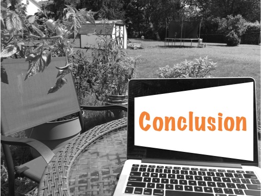 Photo of laptop on a backyard, with section title on the laptop screen: Conclusion