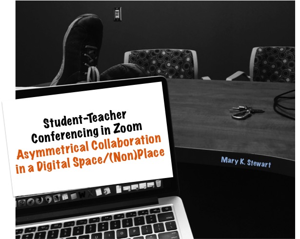 Photo of laptop on a desk, with article title on the laptop screen: Student-Teacher Conferencing in Zoom: Asymmetrical Collaboration in a Digital Space/(Non)Place