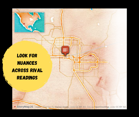 A map of Phoenix, Arizona with the title Look for Nuances Across Rival Readings in black font over an image of a yellow circle