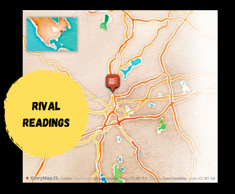 A map of New England with the title Rival Readings in black font over an image of a yellow circle