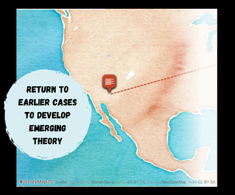 A map of Phoenix, Arizona with the title Return to Earlier CAses to Develop Emerging Theory in black font over an image of a blue circle