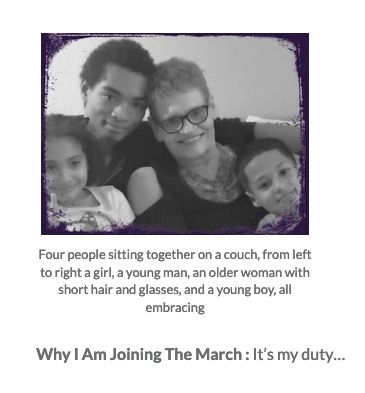 Image shows four people sitting and embracing: two children, a young man, and an older woman with short hair and glasses. The text under the image describes the four people pictured, then notes: 'Why I am Joining the March: It's my duty...'