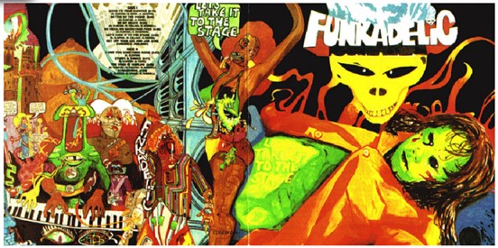 This is an image of Funkadelic's 1975 album cover titled Let's Take it to the Stage! It is an image that has a yellow skull hovering over a green man with his jacket ripped open. This image was drawn by Pedro Bell.