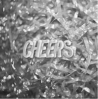 Album cover for the Wild Reeds' Cheers: black and white photo of plastic ribbons with the word CHEERS on top