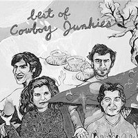 Album cover for Cowboy Junkies' Best Of: black and white drawing of four men and one woman with a tree, snake, and candles in the background