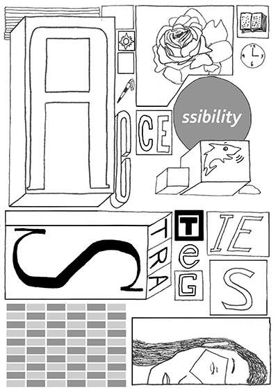 Comic book cover titled Accessibility Strategies spelled out in building blocks with an image of a rose, clock, dolphin, book, and female superhero also on the blocks