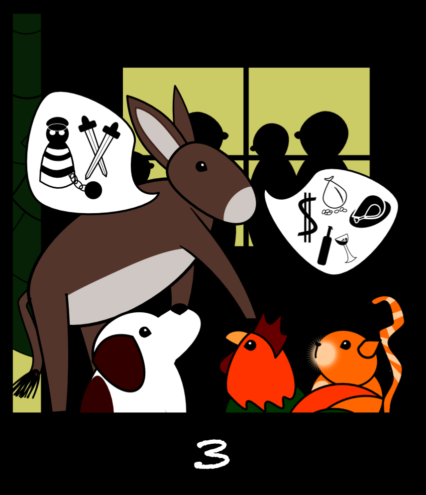Image 3: A donkey peering in a window describes robbers enjoying a feast.