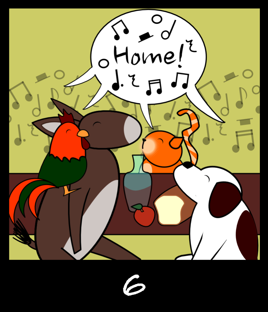 Image 6: Four animals sing 'Home!' together.