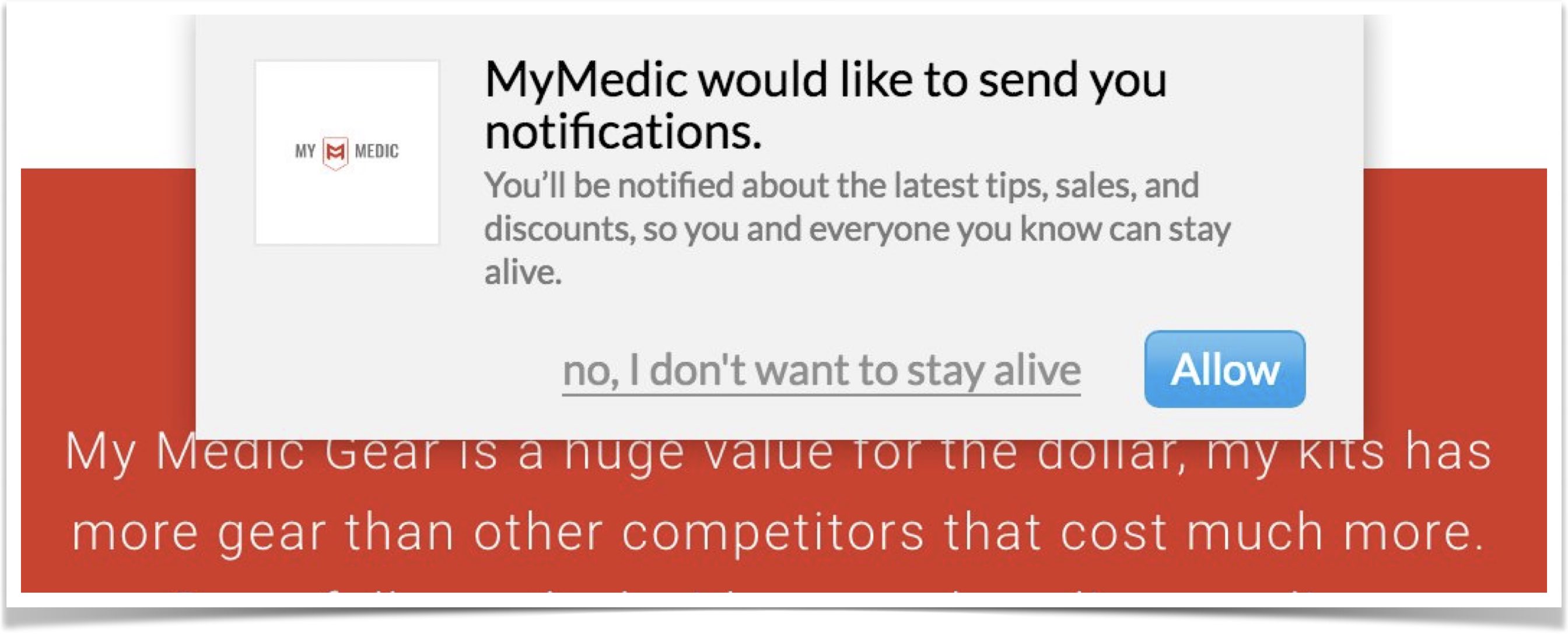 Pop-up stating that MyMedic would like to send notifications; the decline button reads: no, I don't watn to stay alive.