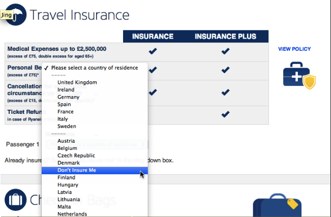 Screenshot with dropdown menu where 'Don't Insure Me' is buried between country options.