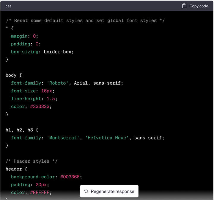 CSS code output by ChatGPT