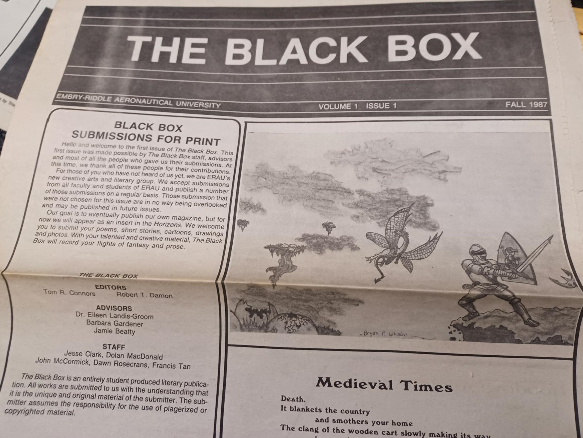 The front page of the first installment of The Black Box literary publication, included as an insert with the student newspaper.