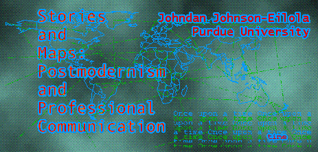 a digital map of the world with the webtext's title and the author's name in purple text