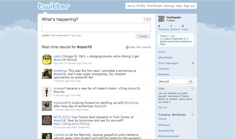 Screenshot of Twitter website circa 2010 showing #CCCC10 Twitter stream