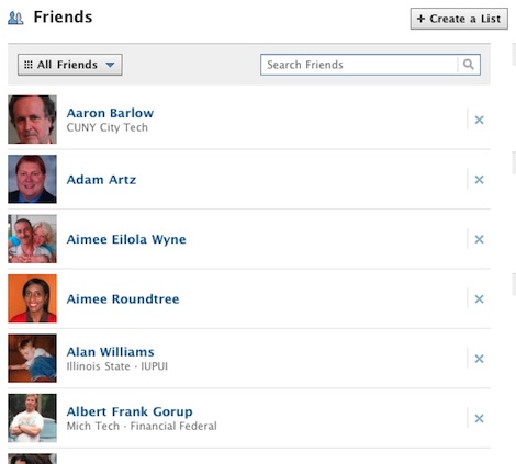 screenshot of list of Facebook Friends