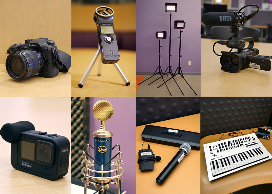 Collage of equipment available from the library studio, including cameras, microphones, light boxes, and piano keyboards