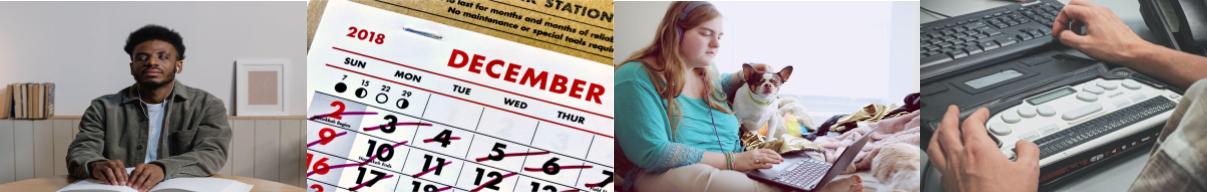 Collage of 4 photos: a young, Black man; a calendar with dates crossed off; a white woman with a dog and laptop; an accessibility keyboard