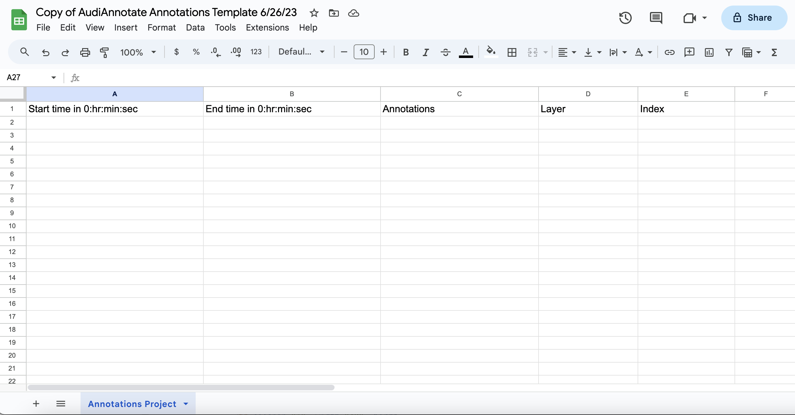 Screenshot of AVAnnotate annotations template in Google Sheets with columns organized as mentioned in the webtext