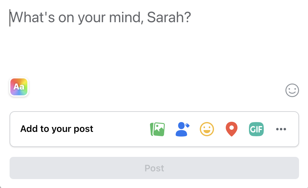 Facebook IPI template, asking What's on your mind, Sarah? and a text box